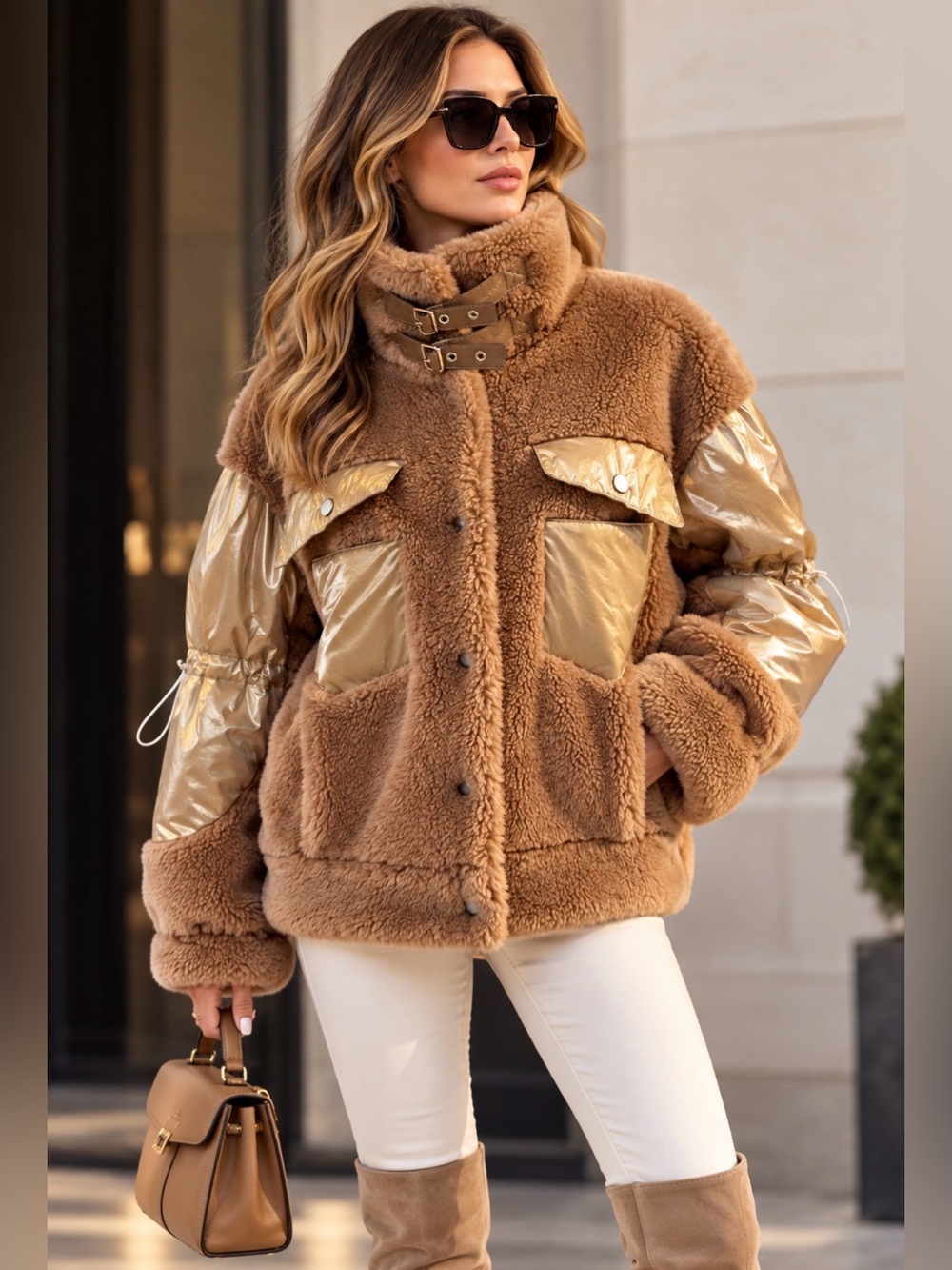Bubish Luxe Faux Fur Coat in Tan & Gold